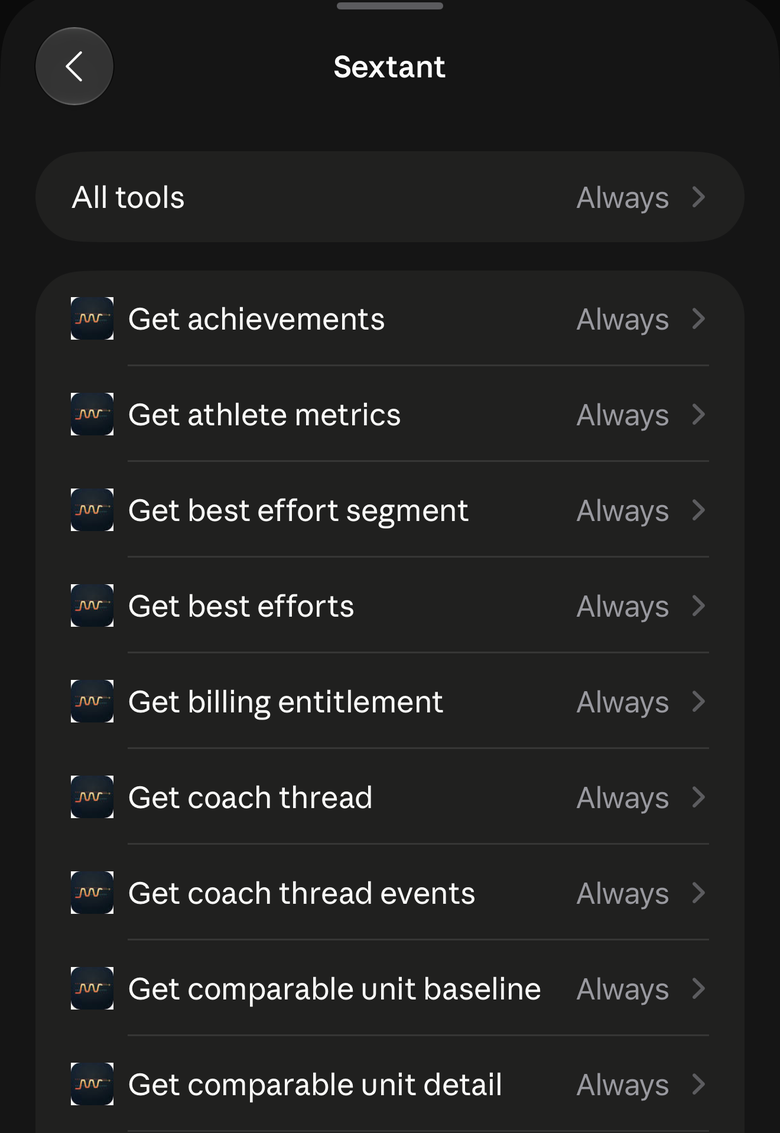 Claude's settings for the Sextant connector, listing its read-only tools: get achievements, get athlete metrics, get best efforts, get coach thread, and more.